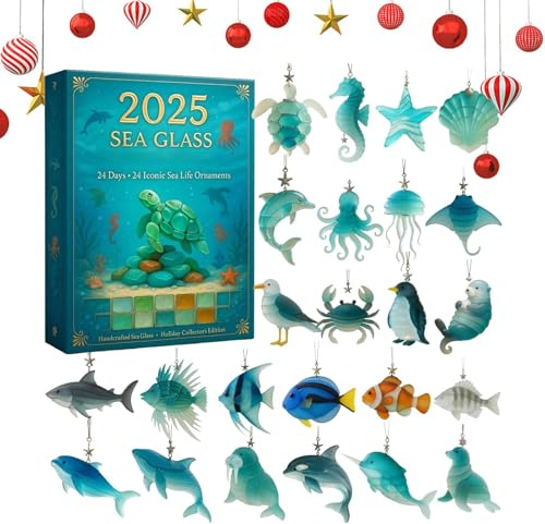 Sea Glass Marine Life Adventskalender, Meeresglas-Adventskalender, Kreaturen, Meeresbiologie-Kalender, mit 24 bezaubernden realistischen -Tieren, Dekoration, für Kinder und Sammler (1 Stück)