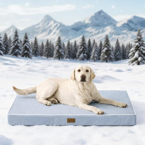 COZY KISS Kühlendes Hundebett Grosse Hunde, Q-Max>0.4 Waschbare Kühlmatte Hunde Mit Gel Orthopädische Schaum, XL Atmungsaktive und abnehmbare Hundematte, rutschfest, 112X81x10cm, Hellblau | Eierkisten-Schaumstoffstütze, abnehmbarer, waschbarer Bezug, rutschfester Boden, maschinenwaschbar, hellblau