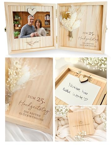 Joli Coon Silberne Hochzeit Geschenk, Holzbox zum 25. Hochzeitstag | Echte Trockenblumen, 14 x 14 x 3 cm, Karte für persönliche Zeilen, Magnet für Foto oder Karte, als Erinnerungsbox aufstellbar