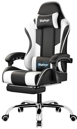 PU Massage Gamingstuhl Gamerstuhl mit Rohbaumwolle & Metallrahmen – Ergonomisches Lendenkissen, Fußstütze, Höhenverstellbar, 360° Drehbar, Verstellbare Kopfkissen Armlehnen für Homeoffice und Spiel