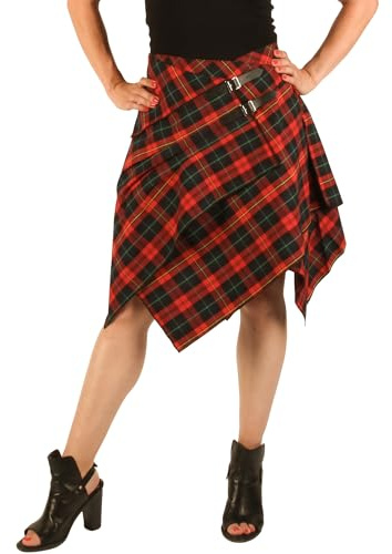 The Celtic Ranch Tartan Skirt, Women's Plaid Skirt with Pockets, Ladies' Traditional Scottish Skirts (Red Rose/Medieval Blue, Medium)
