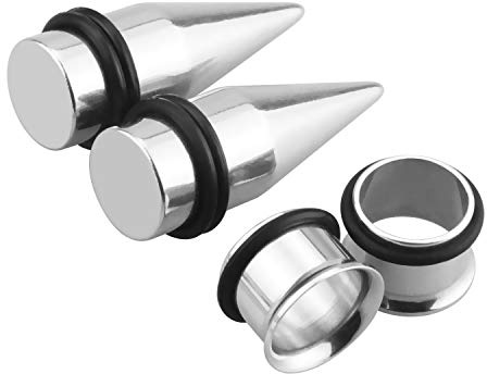 Awinrel Stainless Steel Ear Gauge Taper Stretching and Single Flare Plugs Flesh Tunnel Kit with O-ring 2 Pairs, Metal Rubber