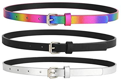 INSIGHTER Belts for Girls 3 Pack Little Toddler Teen Kids Belt Girls Fashion PU Leather Patent Belt Black/Silver/Rainbow X-Small
