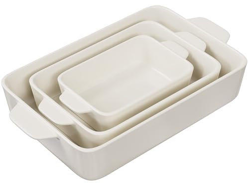 Kook Ceramic Bakeware Set, Rectangular Baking Dishes, for Casseroles, Lasagna, Cake, Small, Medium & Large Pans, Microwave & Dishwasher Safe, Set of 3 (Cream)