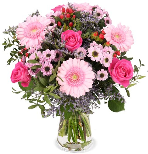 Blumenstrauß 1000 Küsse, Frühlingsstrauß mit Rosen, Gerbera und Santini, 7-Tage-Frischegarantie, Qualität vom Floristen, handgebunden, perfekte Geschenkidee bestellen