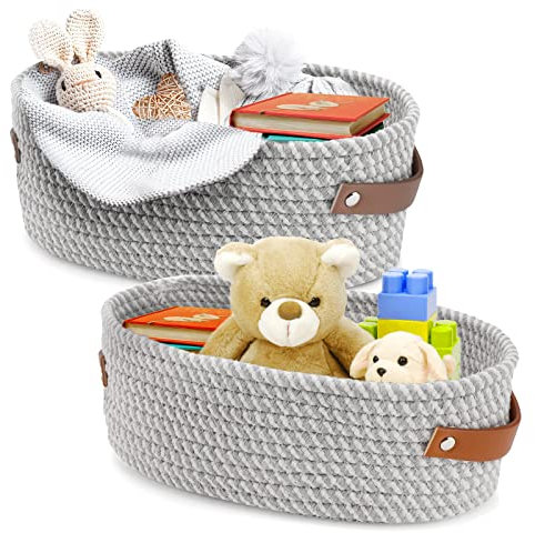 Bestcool Aufbewahrungskörbe, 2Pcs Baumwolle Strickkorb Woven Basket Cotton Rope Körbe Badkorb Faltbarer Aufbewahrungskorb mit Griffen für Schränke Schubladenschrank Regal Kommode (2 Größen)