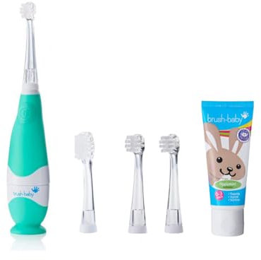 Brush-Baby - BabySonic Toddler Teal Electric Toothbrush Gift Set, 0-36 Months - Soft Vibrating Toothbrush, 4 Replacement Heads, Applemint Fluoride Toothpaste (12 ml) & 1 AAA Battery