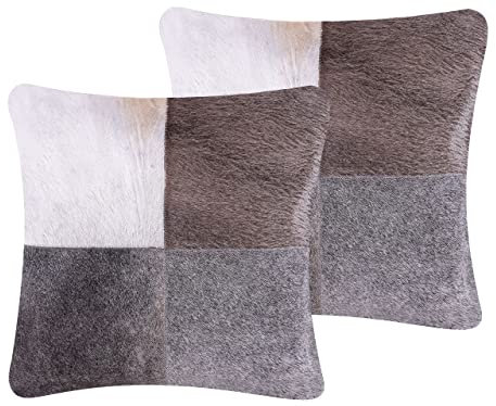 Beliani Dekokissen 2er Set grau 45 x 45 cm Leder Baumwolle Kuhfell-Design Nellad
