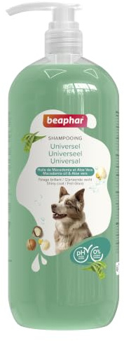BEAPHAR – Shampooing Essentiel Universel pour Chien – Extra-Doux – Pelage Brillant – Contient de l'huile de Macadamia et de l'Aloe Vera – sans parabène ni Silicone – pH Neutre – Produit Vegan – 1L