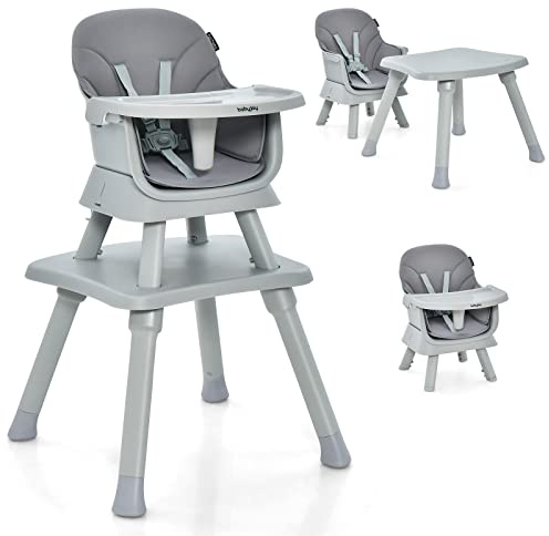 COSTWAY 6 en 1 Silla Alta Portatil para Bebés, Trona Evolutiva Convertible, Silla de Alimentación Infantil con Arnes de 5 Puntos, Bandeja y Cojín Desmontables (Gris)