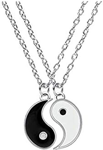 Guoguonb 2PCS Yin Yang Necklace Stainless Steel Yin Yang Taichi BFF Couples Pendant Necklace Matching Puzzle Best Friend Necklace Partner Jewellery Chains for Men Teen Women Silver