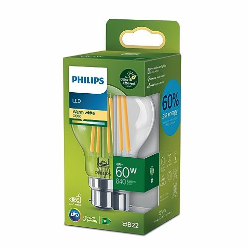 Philips Ultra Efficient - Ultra energy saving lights, LED light source, 60W, A60, B22 Warm White 2700 kelvin, clear