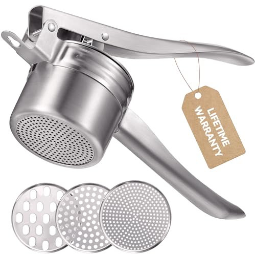 Kartoffelpresse, Sopito Kartoffelpresse aus Edelstahl mit 3 Austauschbare Sieb für Flauschige Kartoffelpüree, Gemüsebrei, Obstsäfte und Lebensmittelrezept, Spülmaschinenfe