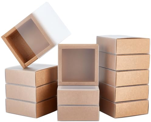 BENECREAT 16 Packungen Geschenkboxen Aus Kraftpapier, 9.7x9.7x3.75cm Quadratische Braune Schubladenboxen Mit PVC-Fensterabdeckung Für Partygeschenke, Schmuck