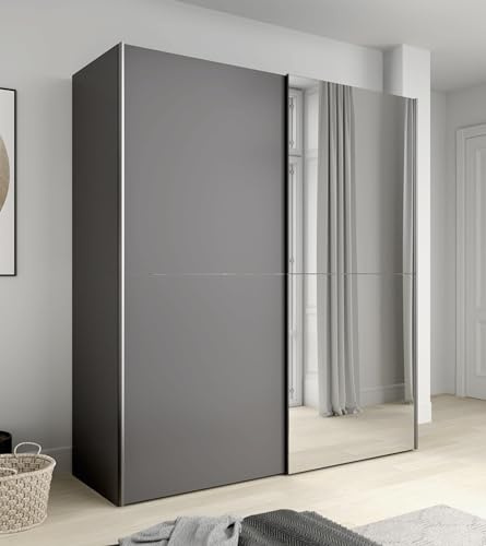 Forte KAIKAIS Schrank 170, Kleiderschrank mit Spiegel, Schwebetürenschrank, Industrial Schlafzimmer, 2-türig, Einlegeböden, Kleiderstange, Uni Grau Holzdekor, 170 cm breit x 191 cm hoch x 61 cm tief