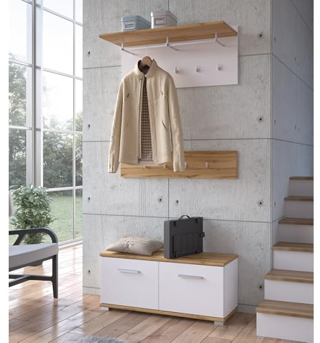 Lomadox Garderoben-Set 3-teilig mit Schuhbank in weiß mit Eiche | Flurgarderobe im modernen Stil
