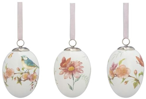 H.Bauer jun. kleine weiße Keramik Deko Eier - Bunte Motiv-Eier mit Blumen & Vögeln Bedruckt 5 x 7 cm zum Aufhängen - 3-teiliger Oster- oder Frühlingsschmuck für Bäume, Sträucher, Fenster oder Türen