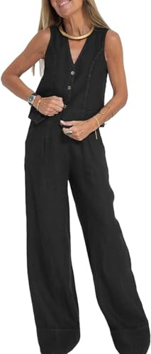Conjunto de 2 piezas para mujer, cuello en V, sin mangas, chaleco con botones, pantalones de pierna ancha, traje blazer de verano de lino a juego, Negro, XL