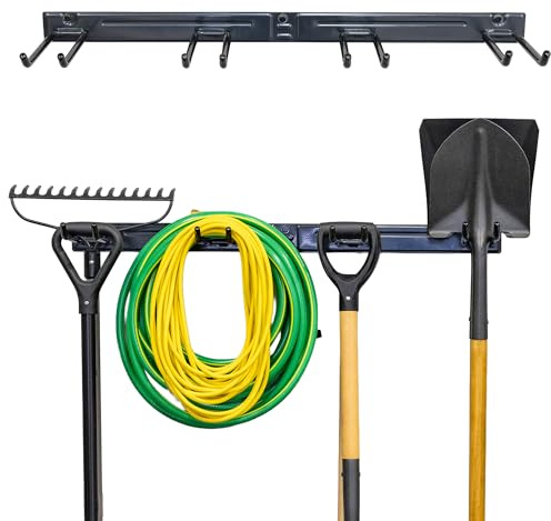 StoreYourBoard Heavy Duty Garden Tool Rack for Garage & Shed – Solid Steel Garden Tool Organiser, 4 Slot Metal Shed Storage Rack for Rakes, Spades & Handle Tools, 113 kg Capacity Garage Wall Storage