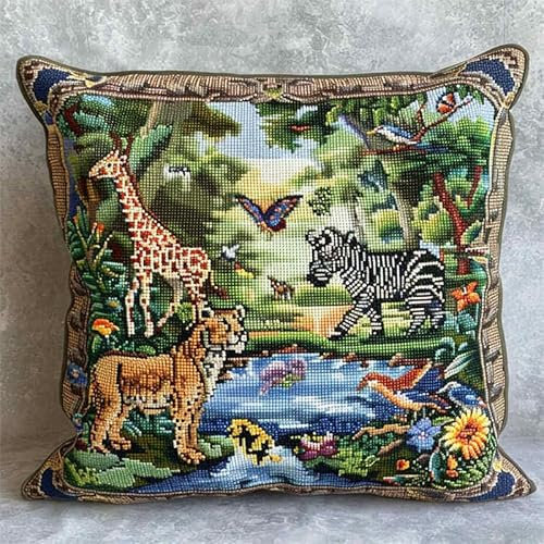 kitphoenix Knüpfkissen Set, Latch Hook Kissen Kit Tier Elefant Tiger Löwefür Kinder Oder Anfänger Erwachsene Zum Selber Knüpfen, Diy Knüpfteppich Knüpfpackung, Knüpfhaken Set 43 X 43 Cm