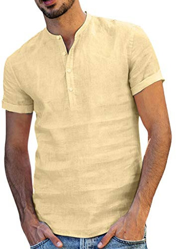 Henley Shirt Herren Kurzarm Leinen Kurzarmhemd Herren Weiß Bügelfrei Hemden Kurzarm Hemd Casual Sommerhemd Sommer Leinenhemd Loose Fit Business Hemd Atmungsaktiv Sweatshirts/Shirt
