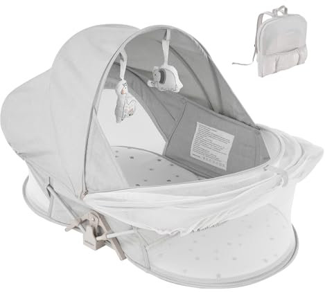 myfunbaby Tragbares Baby-Stubenwagen, Reise-Babybett, Babybett, Reise-Pod für draußen, Babyliege, faltbares Reisebett mit Moskitonetz und Sonnenschutz, leicht, waschbar (grau)