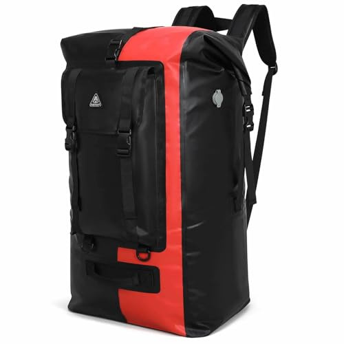 Haimont Wasserdichter Dry Bag Rucksack IPX7 mit Entlüftungsventil - Große Roll-Top Trockentasche für Kajak Rafting Surfen, 100L, Schwarz/Rot