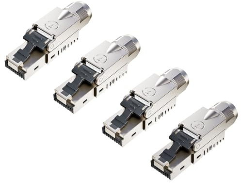 FGB RJ45 CAT7 Netzwerkstecker, 10 Gbit/s 600 MHz, 4 Stück | Lan Stecker, Geschirmt, LSA RJ45 Stecker, Werkzeuglos, für Verlegekabel CAT7 / CAT6A AWG 22-24