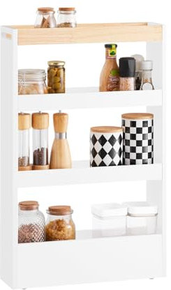 SoBuy Nischenregal 15cm Servierwagen Badschrank Schmaler Küchenwagen Nischenschrank Rollcontainer mit Griff Rollwagen für Bad, Büro, Küche – Organizer für Nischen & Ecken 80x50x15cm NSR12-W
