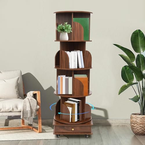WindWilder 4 stufiges Drehbares Bücherregal mit Rollen 46x46x142cm, 360° Drehregal Buchregal mit Schubladen bis 35kg/77 lbs Tragfähigkeit, Bücherschrank aus Holz mit 16 Fächern (Braun)