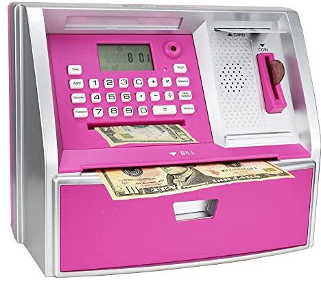 Fimleiy Hucha inteligente para niños con identificación de monedas de euro, pantalla LCD y seguimiento de objetivos deseados, para niños y niñas, color rosa