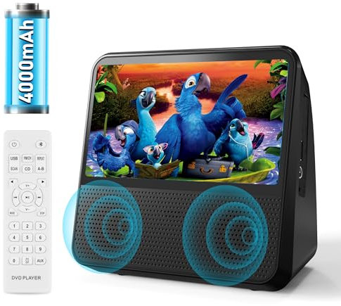Tragbarer DVD-Player für Kinder im Auto, mit eingebauter Akku und Lautsprechern, Region Free CD DVD Players unterstützung Bluetooth/USB/AV (Schwarz)