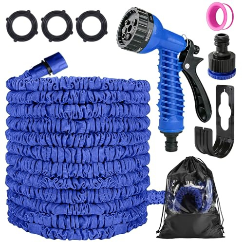 Garden Hose, Expandable Hose Pipe with 7 Modes Spray Gun, 3 Times Flexible Expanding Garden Hose Pipe, Anti-Leakage Water Hose Pipe with Connectors for Gardening, Patio, Car Washing (Blue, 100FT)