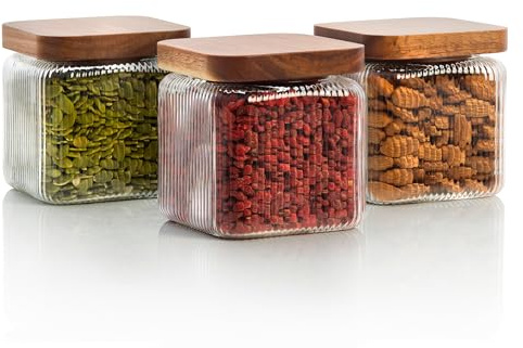Mason & Fable Barattolo quadrato in vetro a coste con coperchio in legno, 750 ml, set da 3 barattoli ermetici scanalati per alimenti, pasta, caffè, zucchero, contenitore per casa e cucina