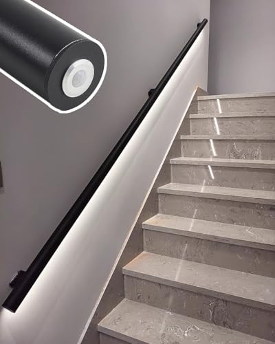 Jievmrs Stair Handrail with Led Motion Sensor Light, Matte Black Handrails for Indoor Stairs, Wall Mount LED Stair Light Kit for Staircase/Aisle(Right,2.5m/8.2ft)