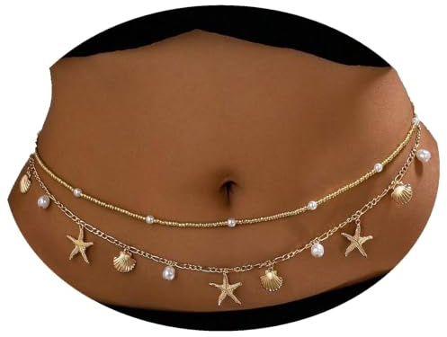Papvera Waist Chain for Women Boho Gold Shell Starfish Pearl Belly Chain