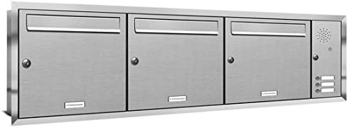 AL Briefkastensysteme, 3er Unterputzbriefkasten, Briefkasten mit Klingel, 3 Fach, Briefkastenanlage modern, rostfrei Edelstahl Postkasten