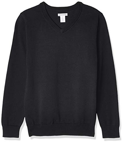 Amazon Essentials Suéter uniforme de algodón con cuello en V para niño, color negro jaspeado, talla XL