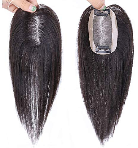 Clip-in-Haarteil aus Echthaar, 7 x 10 cm, handgeknüpft, Mono-Krone, Haarteile für Frauen mit dünner werdendem Haar, 20,3 cm, Schwarz