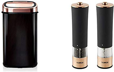 Tower Square Sensor Bin with Infrared Technology, Stainless Steel Black and Rose Gold, 58 Litre & Electric Salt and Pepper Mill, Stainless Steel, Soft-Touch Body, Rose Gold and Black