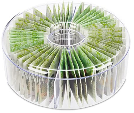Relaxdays Teebox, 6 Fächer, 72 Teebeutel, runde Teedose mit Deckel, platzsparende Lagerung, HxD 7,5 x 20 cm, transparent