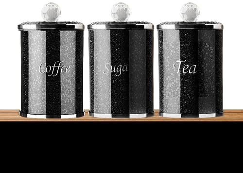 Amazing Gift Diamond Style Crystal containers for Coffee Tea Sugar Kitchen Storage tins, Canisters, Jars Set Crushed Diamond Loose Jewel (Black Crystal/Silver Edge)