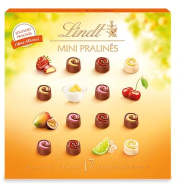 Lindt Mini bombones, yogur, 17 pequeños caramelos en diseño veraniego, el regalo ideal para amigos y familiares o para disfrutar, sin alcohol, 1 unidad (1 x 90 g)