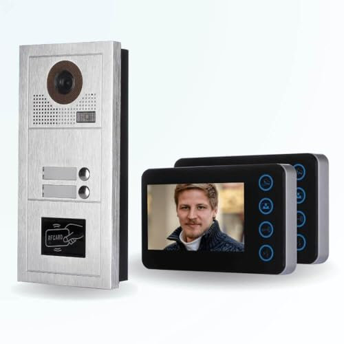 BT Security Portier interphone vidéo Modern 2 Fils - 2 Appartements - 2 écrans Noirs - avec Lecteur de Badge