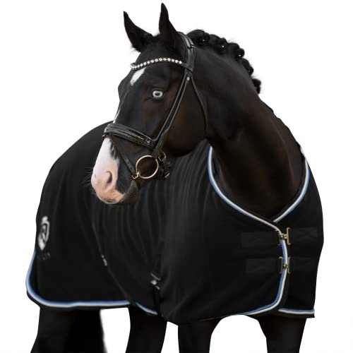 EQUILYX® Abschwitzdecke Pferd mit beidseitig abnehmbaren Kreuzgurten extra dick [perfekte Passform] Fleecedecke Stalldecke Transportdecke wärmend feuchtigkeitsabsorbierend atmungsaktiv (Schwarz, 125)