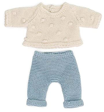 Miniland Dolls: Stickad klädesplagg, tillverkad av återvunna material, för 21 cm babydocka. Modell: vit tröja med byxor och blå byxor.