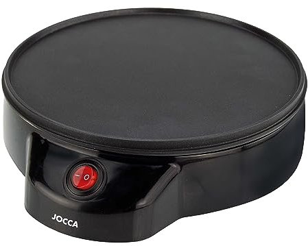 JOCCA - Máquina Crepera Eléctrica con Placa de 22 cm de Diámetro| Potencia 700W| Revestimiento Antiadherente| Incluye Esparcidor de Madera| Boton on-off| Indicador Luminoso| Ideal para fiestas| Negro