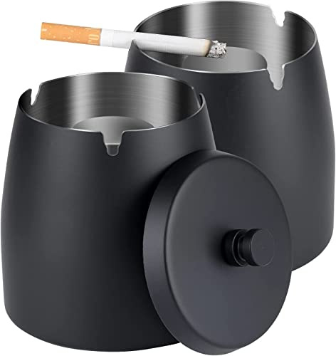 Posacenere per sigarette da esterno con coperchio, in acciaio inox, senza fumo, rivestito antivento, a prova di odore, posacenere per esterni (nero, medio, confezione da 2)