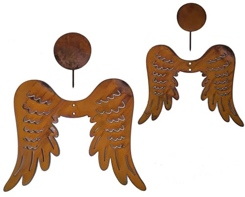 Storm's Gartenzaubereien Ali d'angelo in metallo, set da 2 pezzi, grandi 24 cm, piccola 17 cm, testa piatta da avvitare, in ruggine preziosa, per la decorazione del giardino di betulla