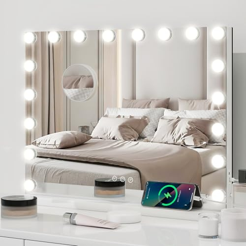 YU YUSING Hollywood Vanity Mirror with Lights 60×80cm, White | Lighted Makeup Mirror with 18 Led Bulbs, 3 Lighting Modes, Touch Control, USB Output Port, Tabletop or Wall-Mounted Mirror